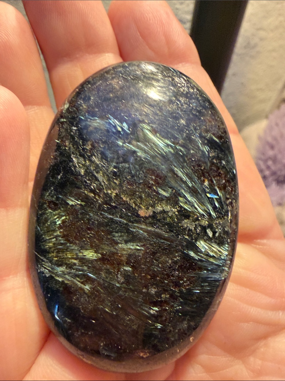 This stone is a polished Astrophyllite, or “Firework” Palm Stone. Beautiful!!
